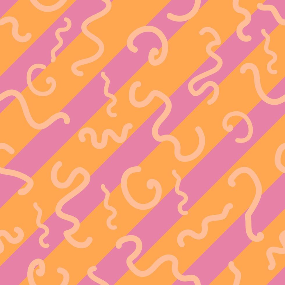 abstrakt kurvig Pfirsich farbig Linien auf schräg gestreift Orange und Rosa Hintergrund Vektor nahtlos Muster. kreativ Kunst Textur zum Drucken auf anders Oberflächen.