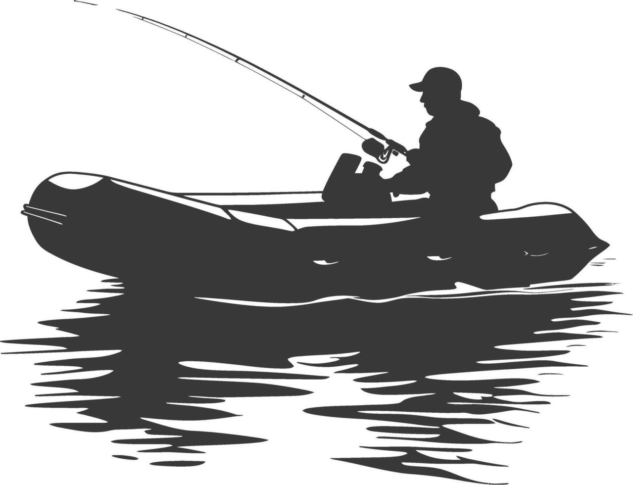 ai generiert Silhouette Fischer Angeln mit aufblasbar Boot vektor