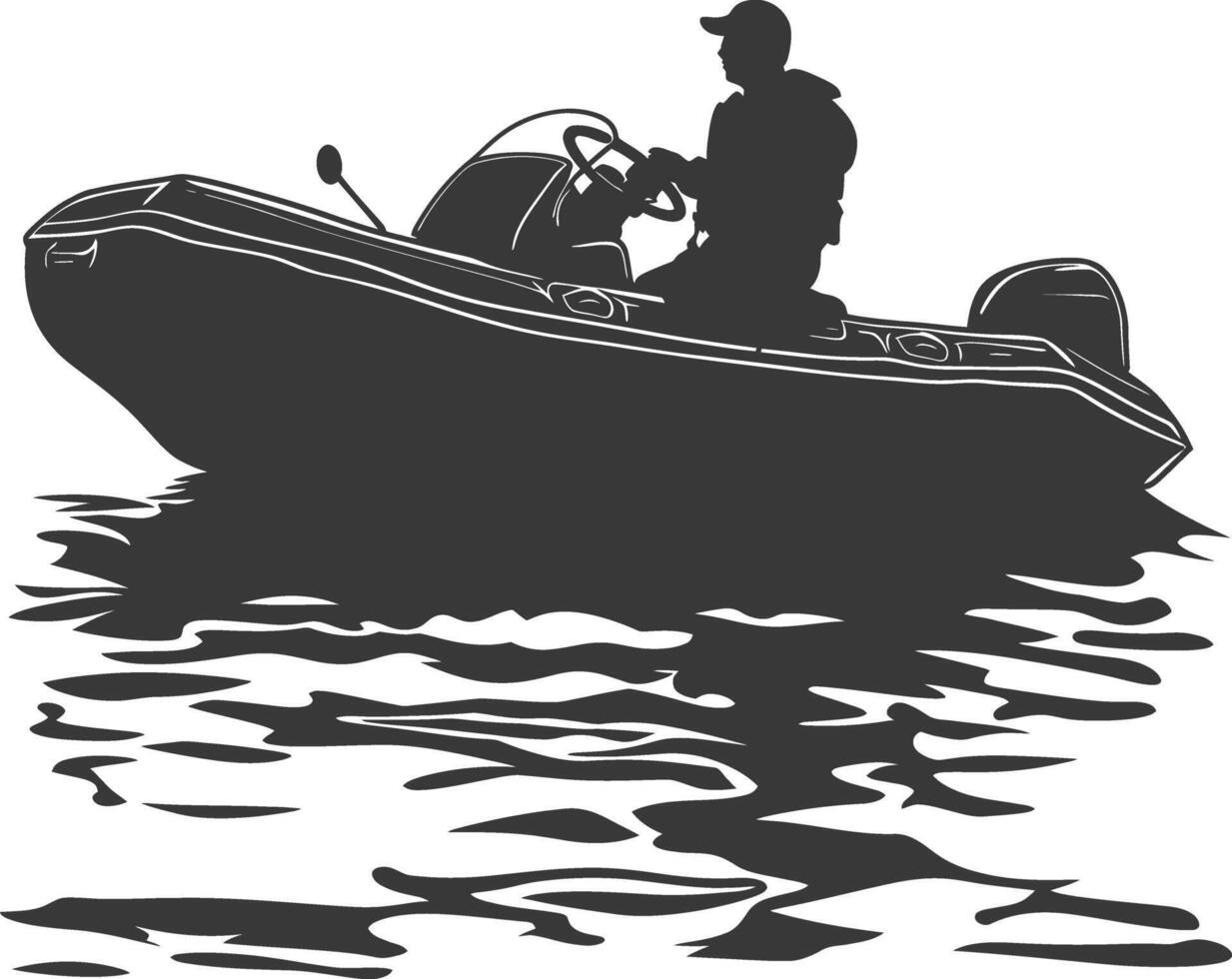 ai generiert Silhouette ein Mann Fahren aufblasbar Boot das Boot ist Reisen schwarz Farbe nur vektor