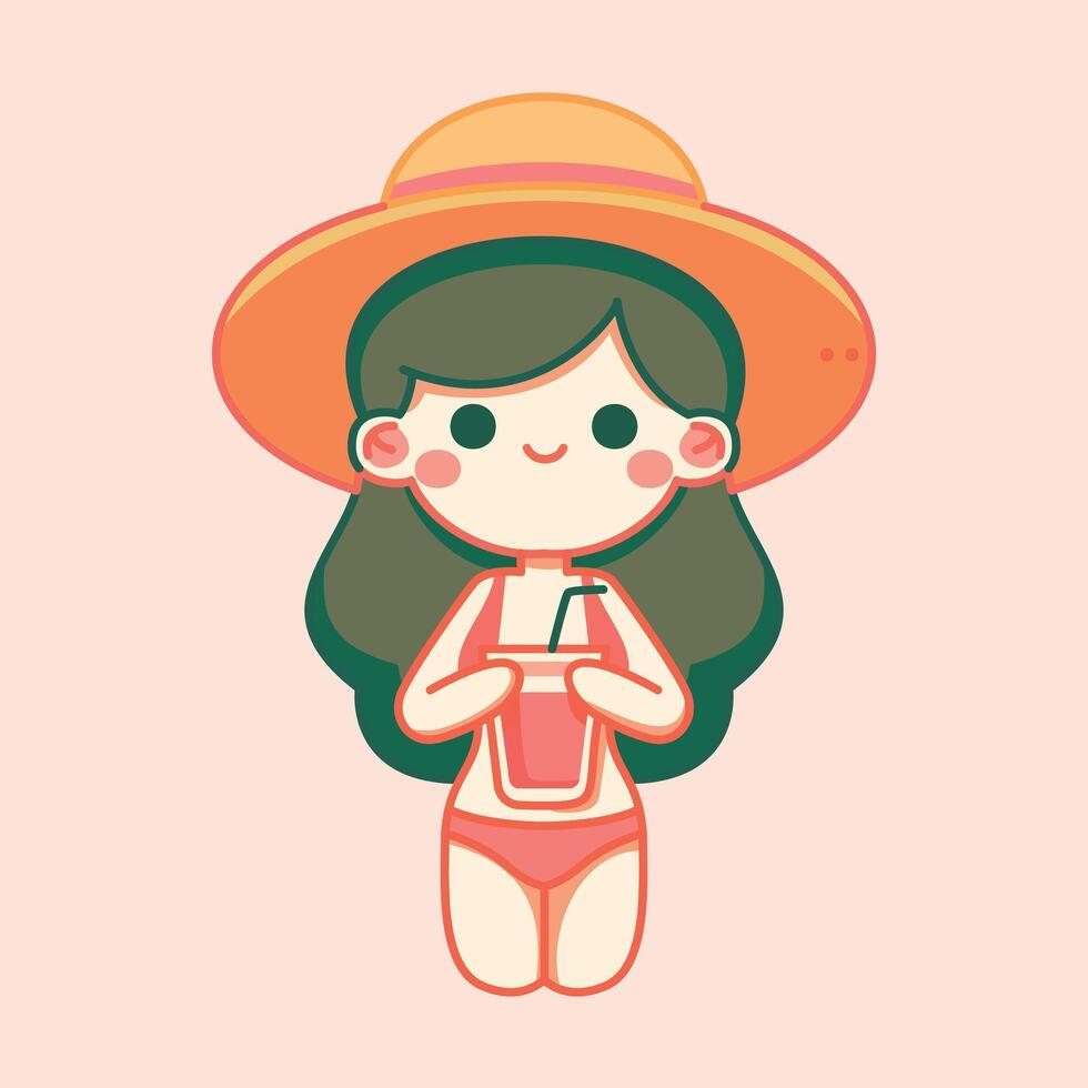 süß Vektor Illustration Sommer- Mädchen tragen Hut und trinken Wassermelone im Sommer- Jahreszeit