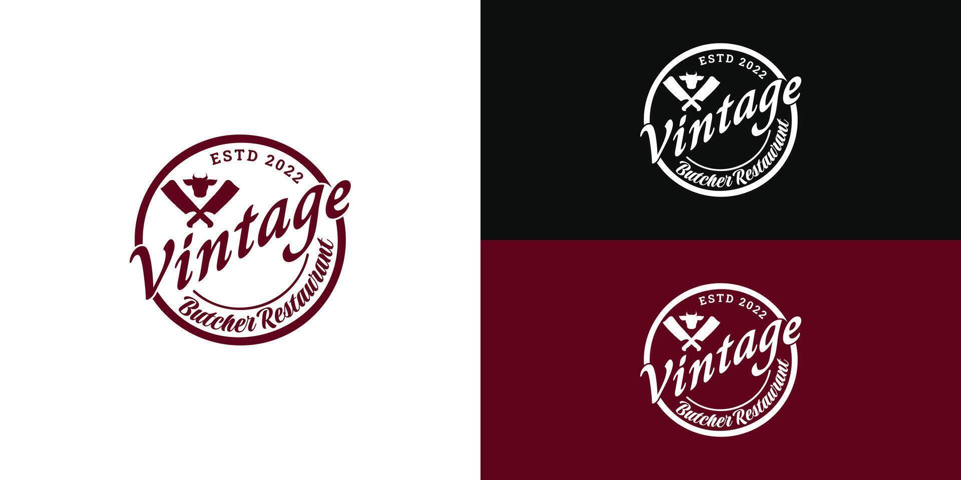 årgång retro premie kött slaktare affär märka logotyp design inspiration mall med butchery korsade köttyxa knivar, lamm, fläsk, och angus nötkött i djup röd Färg isolerat på flera olika bakgrund färger vektor