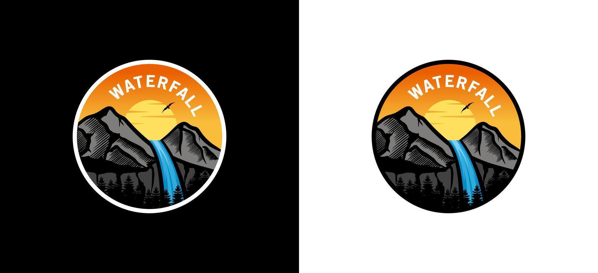 vattenfall logotyp design, hög berg vattenfall vektor illustration med solnedgång nyanser