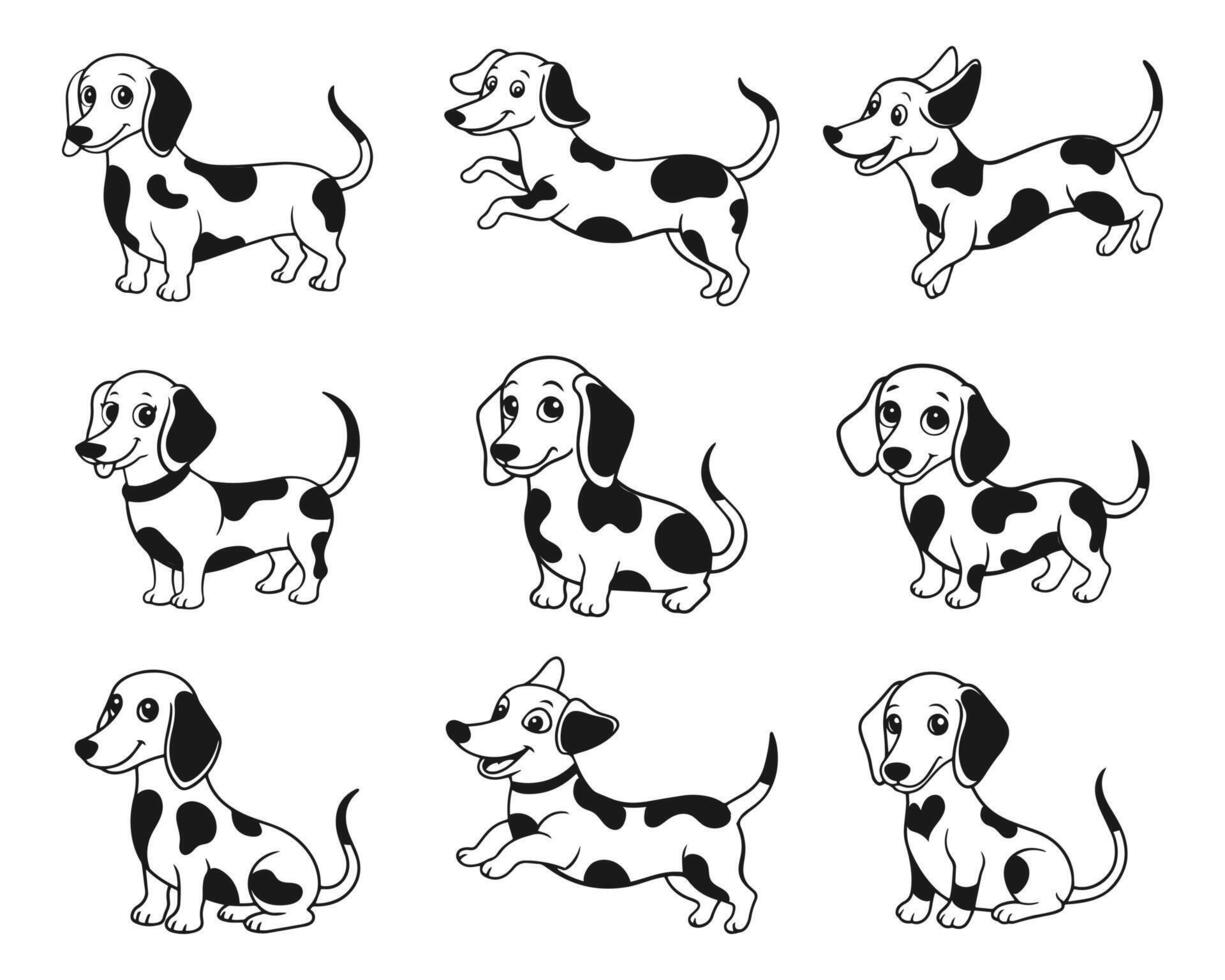einstellen von verschiedene süß Karikatur Dackel Hunde. Dalmatiner Hunde auf ein Weiß Hintergrund. Vektor