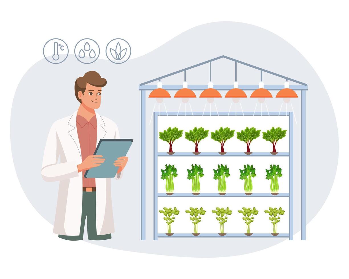 hydroponisch Technologie zum wachsend Pflanzen. Wissenschaftler oder Biologe beim hydroponisch Bauernhof. Vertikale Landwirtschaft. Clever Bauernhof. Illustration, Vektor