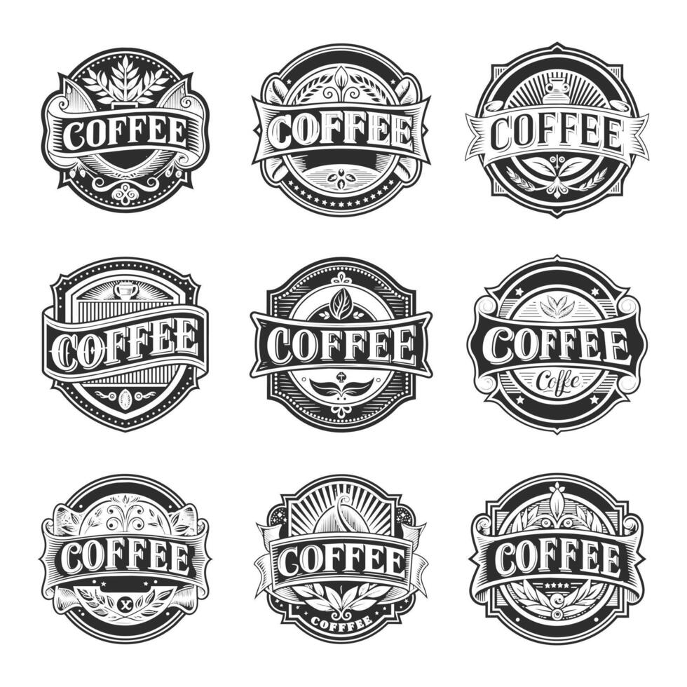 einstellen von Jahrgang Kaffee Etiketten. Briefmarken zum Verpackung. ein einstellen von Vorlagen zum alle Typen von Kaffee. Vektor