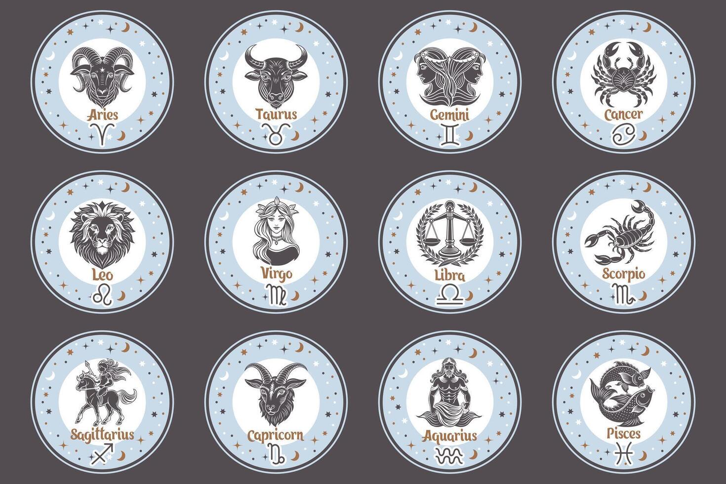 astrologi zodiaken tecken uppsättning, mystisk runda ikoner. esoterisk symboler för logotyp eller ikoner. pastell färger vektor