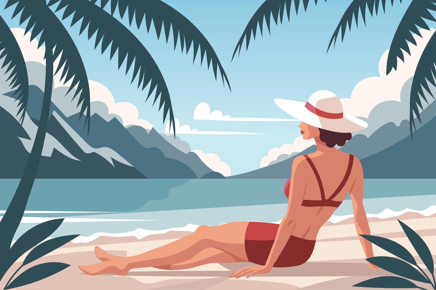 Meereslandschaft. Zeit entspannen. jung Frau im ein Hut auf das Strand gegen das Hintergrund von ein Meereslandschaft. Illustration. Vektor