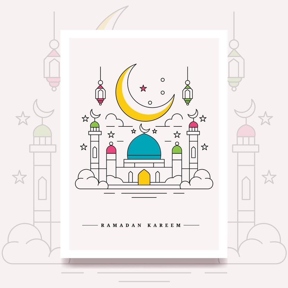 Ramadan kareem Linie Kunst Stil Poster mit Symbole mit ein Moschee Halbmond Laterne vektor