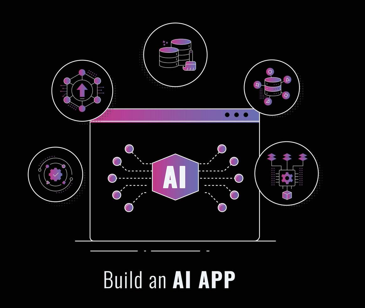 optimieren Ihre ai App Arbeitsablauf. effizient ai App Entwicklung Symbole. Modell- Ausbildung, Daten Sammlung, Daten Reinigung, und außerhalb. editierbar Schlaganfall und Farben. vektor