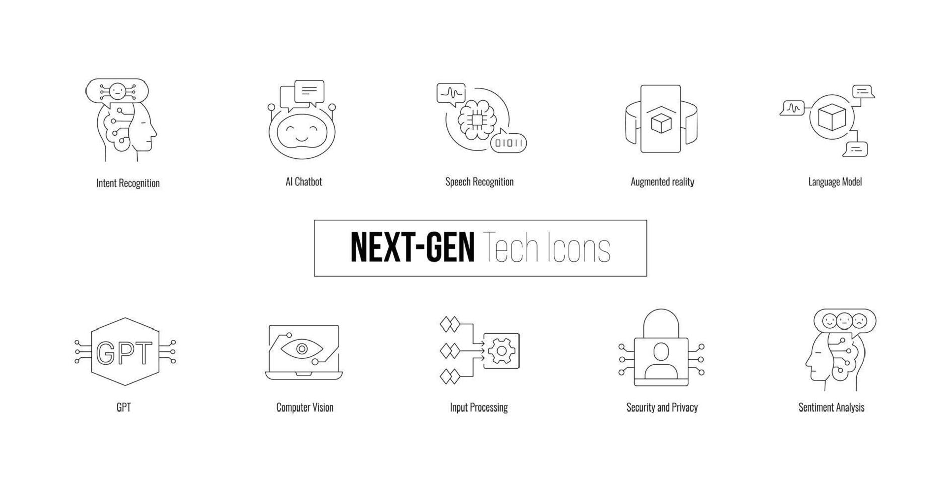 Nästa gen tech ikoner. ikoner för känsla analys, språk modell, säkerhet och Integritet, inmatning bearbetning, gpt, avsikt erkännande, förändrad verklighet och Mer vektor