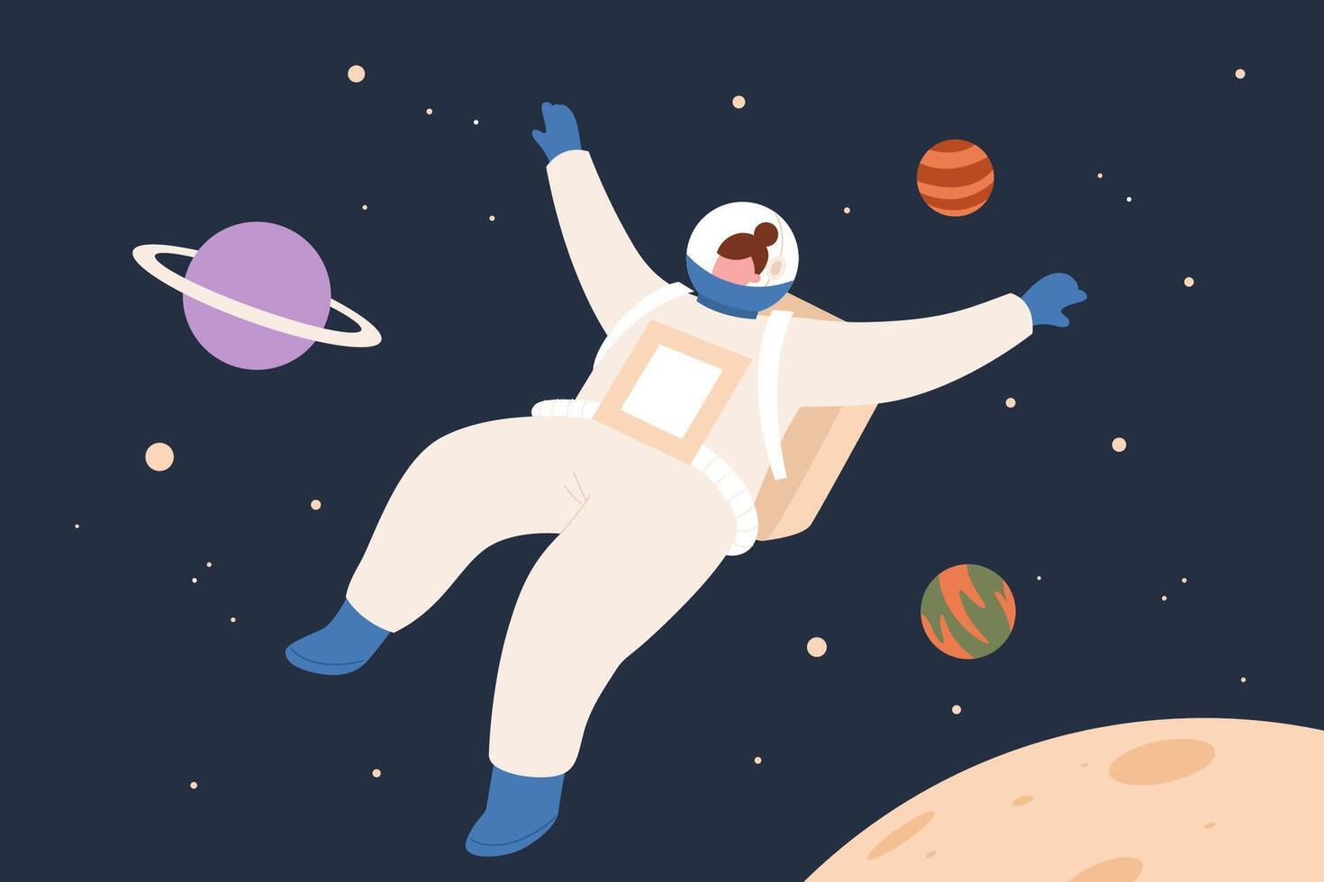 kvinna astronaut flytande i Plats. illustration av kvinna i space flytande med planeter i de starry planet. begrepp av Plats resa eller kvinna på henne arbetsplats vektor