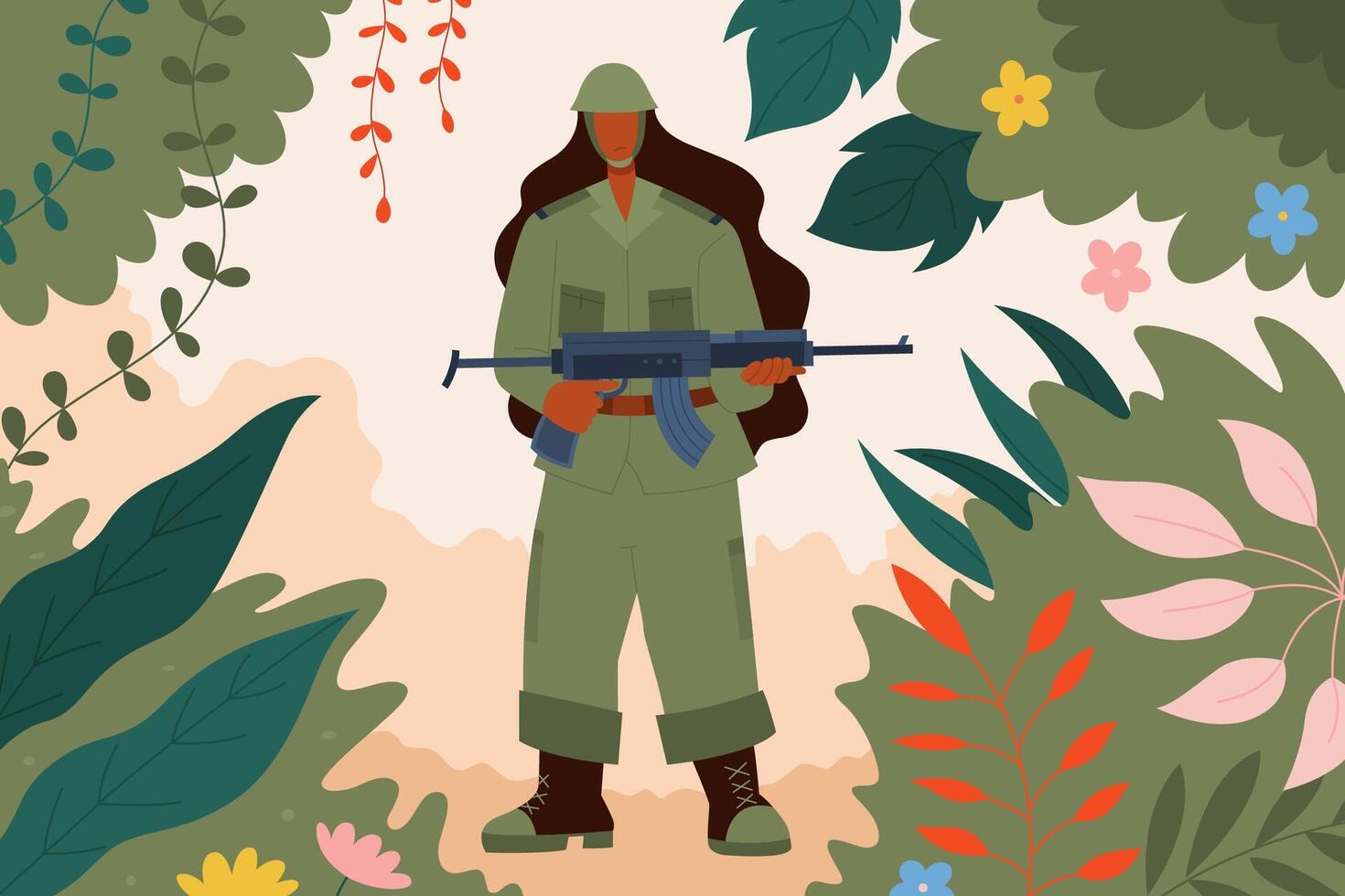 kvinna jord tvinga på arbete. platt stil illustration av en kvinna i militär kamouflage kostym innehav en gevär i de slagfält fylld med buskar vektor