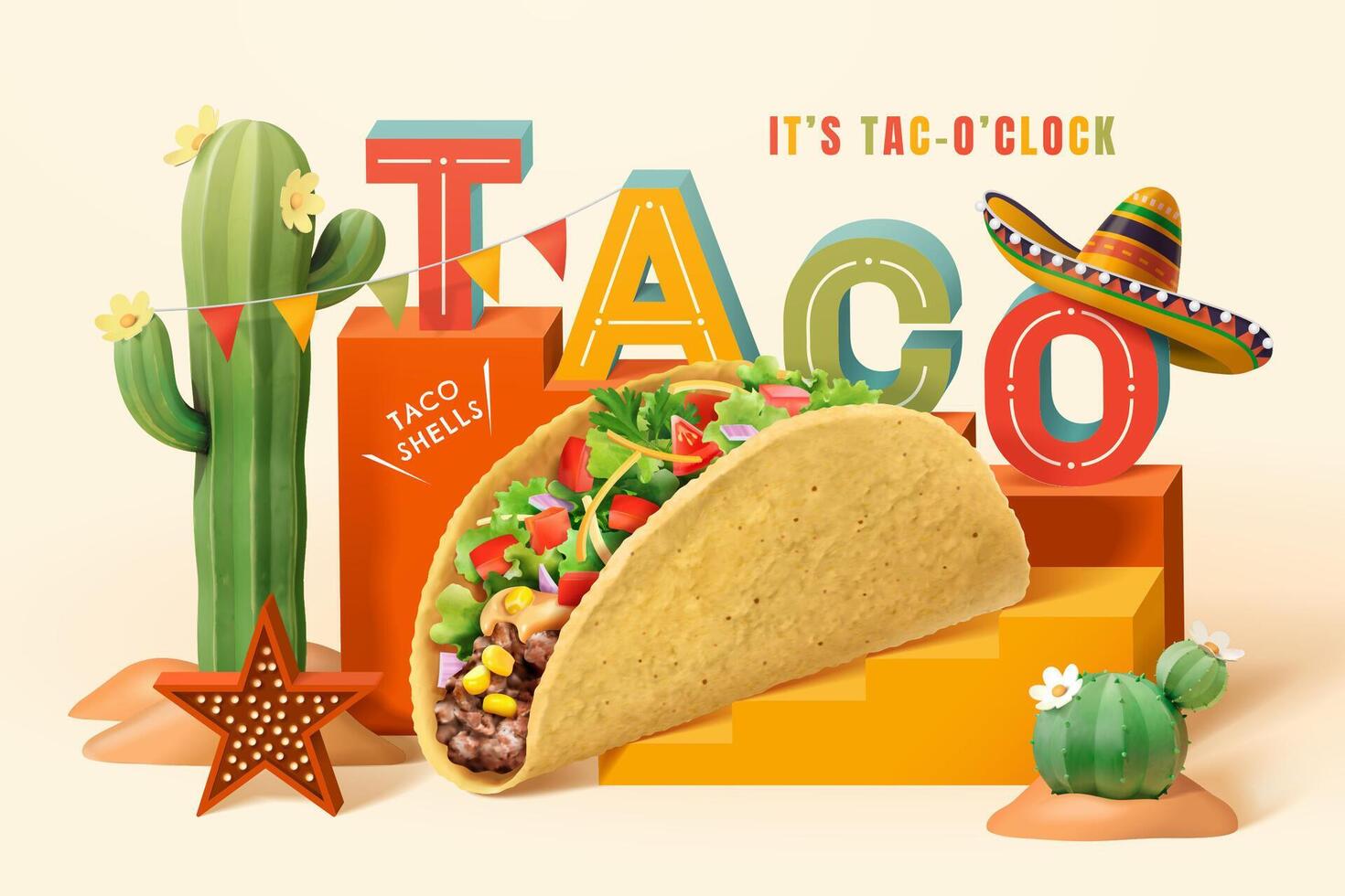 3d Mexiko Wüste Thema Taco Anzeige Vorlage. Wort Taco und Mexikaner Taco auf ein Treppe Bühne mit Kaktus und Sombrero Hut Dekoration. vektor