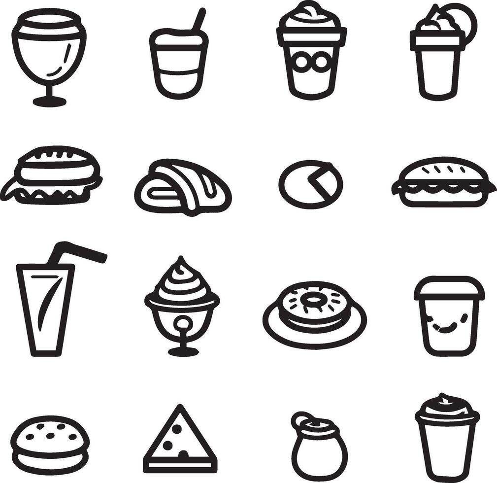 Essen Symbole Satz. Sammlung Vektor schwarz Gliederung Logo Weiß Hintergrund