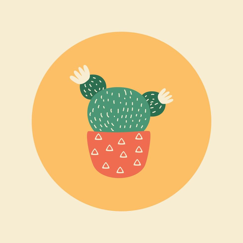 süß hell Kaktus im ein Topf platziert im das Kreis Hintergrund, Symbol, Vektor Illustration