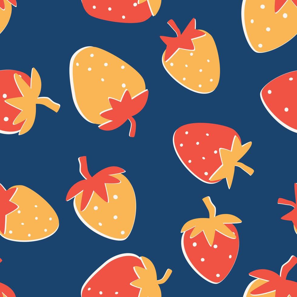 ein hell Sommer- nahtlos Muster mit Gelb und rot Erdbeeren auf Blau Hintergrund Vektor Illustration