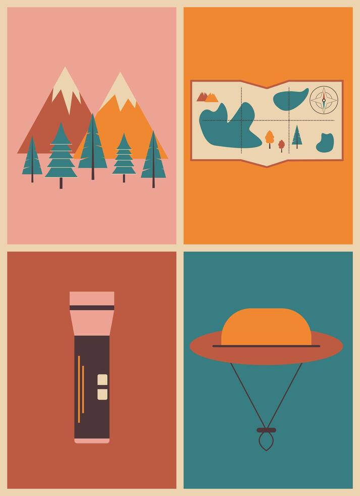 retro geometrisch hell Poster mit Camping und Wandern Dinge. Berge, Karte, Taschenlampe, Hut, Vektor Illustration