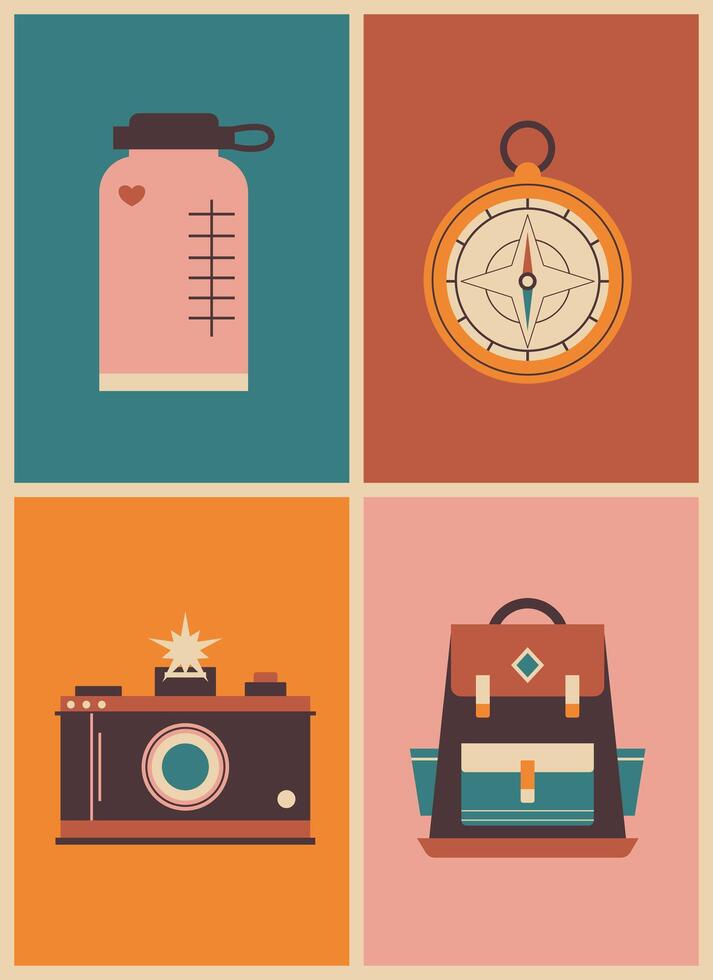 retro geometrisch hell Poster mit Camping und Wandern Dinge. Thermosflasche, Kompass, Kamera, Rucksack Vektor Illustration