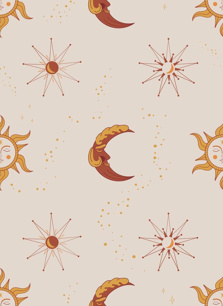 sömlös mönster med de gammal symbol av de Sol och de halvmåne måne med ansikte vektor illustration
