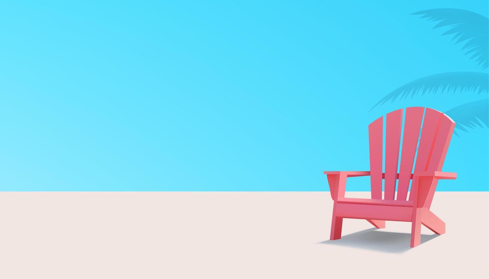 Rosa 3d hölzern Strand Stuhl beim Sand tropisch Resort Palme Baum Hintergrund realistisch Vektor