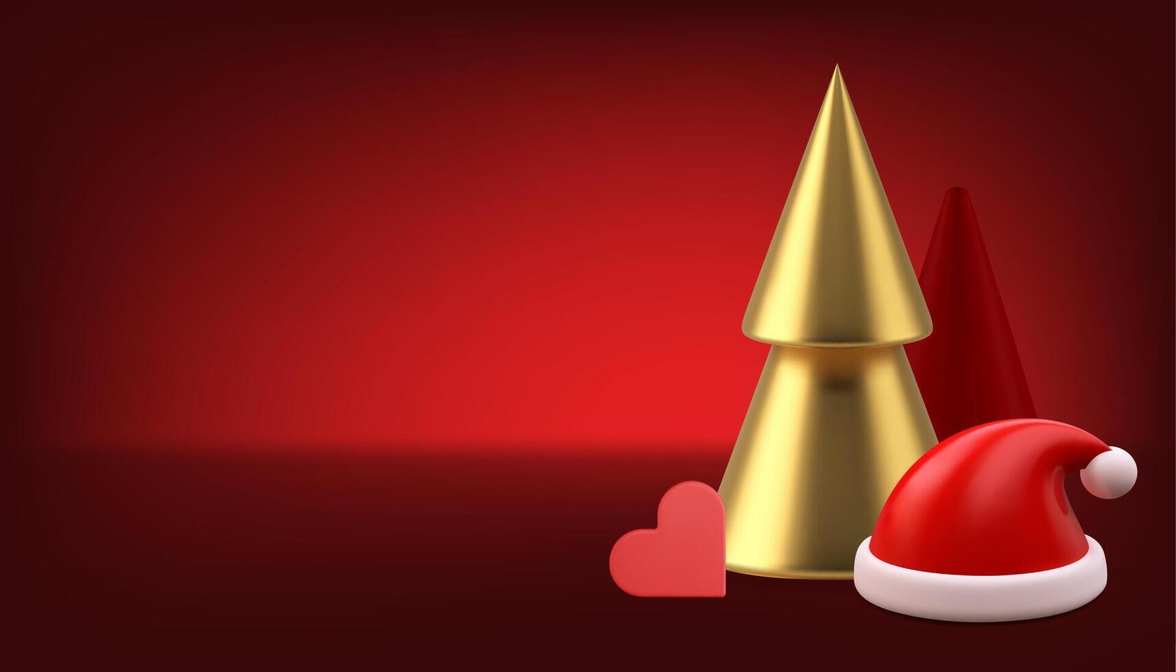 jul 3d monter röd bakgrund studio rum gran santa claus hatt och hjärta realistisk vektor