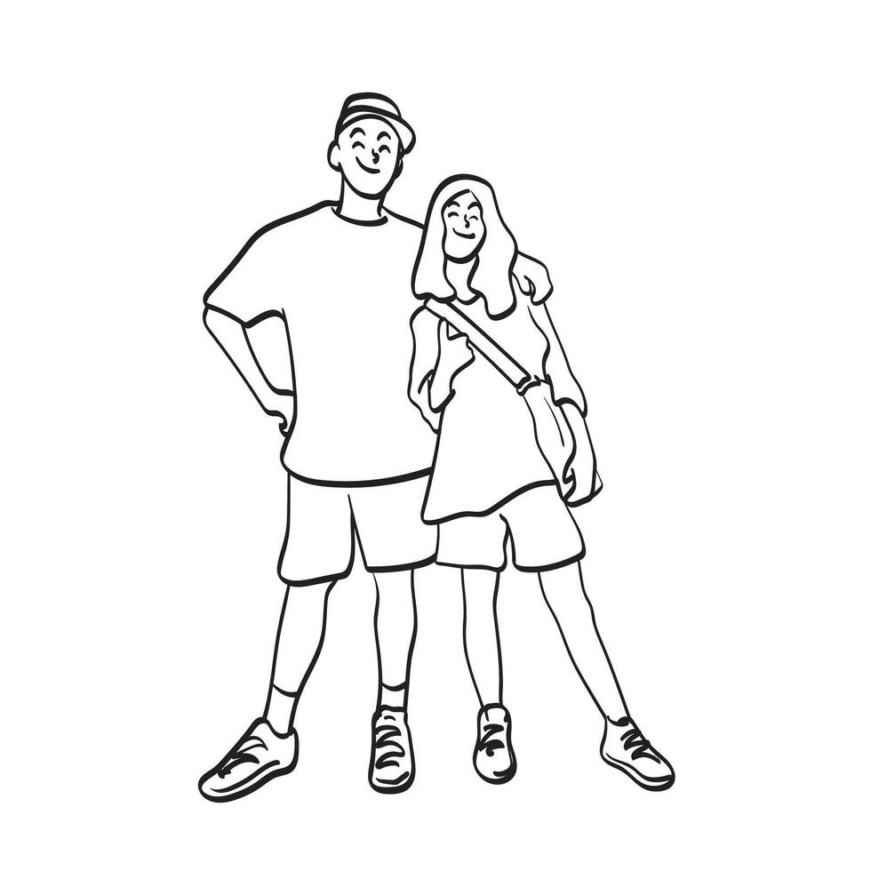 Liebhaber Paar Umarmen mit Hand Über Schulter Illustration Vektor Hand gezeichnet isoliert auf Weiß Hintergrund