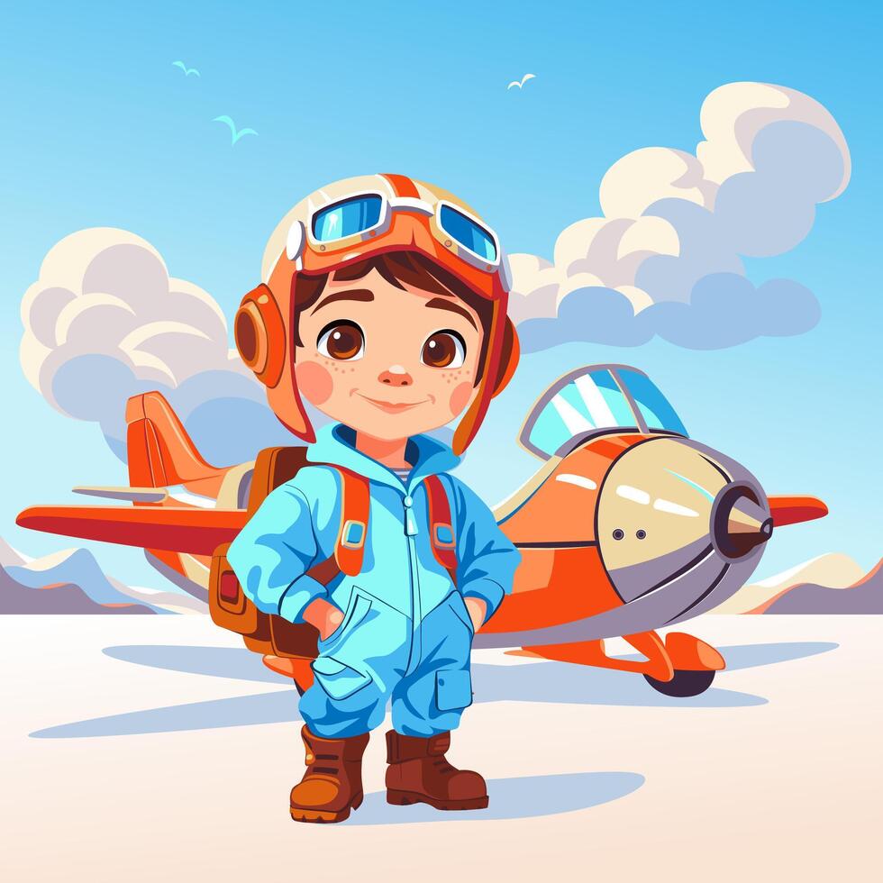 Karikatur Kind Pilot und Spielzeug Flugzeug vektor