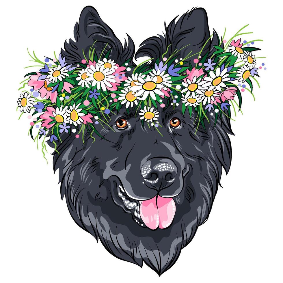 belgisk herde hund i blomma krans vektor