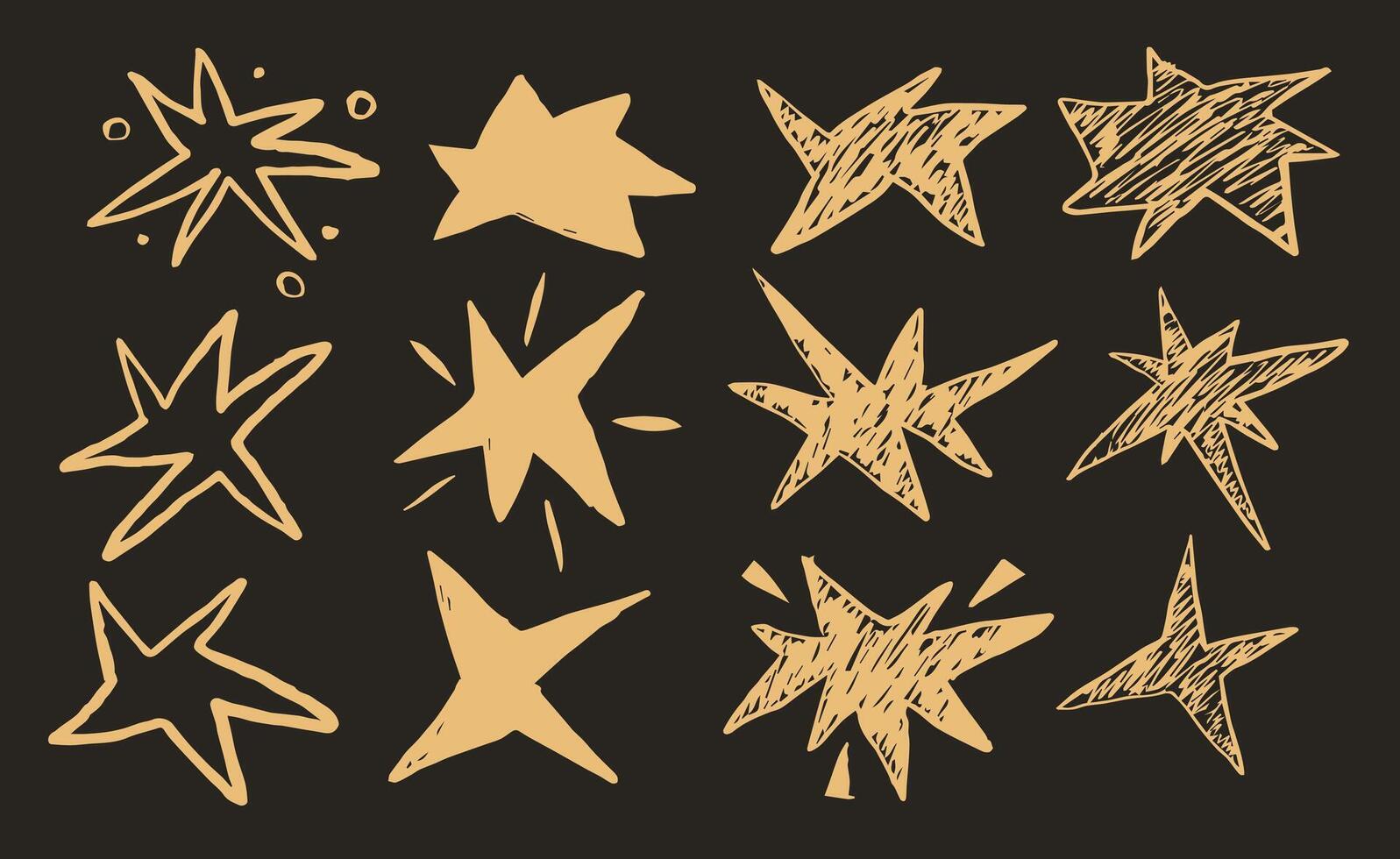 ritad för hand texturerad stjärna former. spiked grunge träkol klottra stjärnor. freehand krita penna starry element. vektor illustration