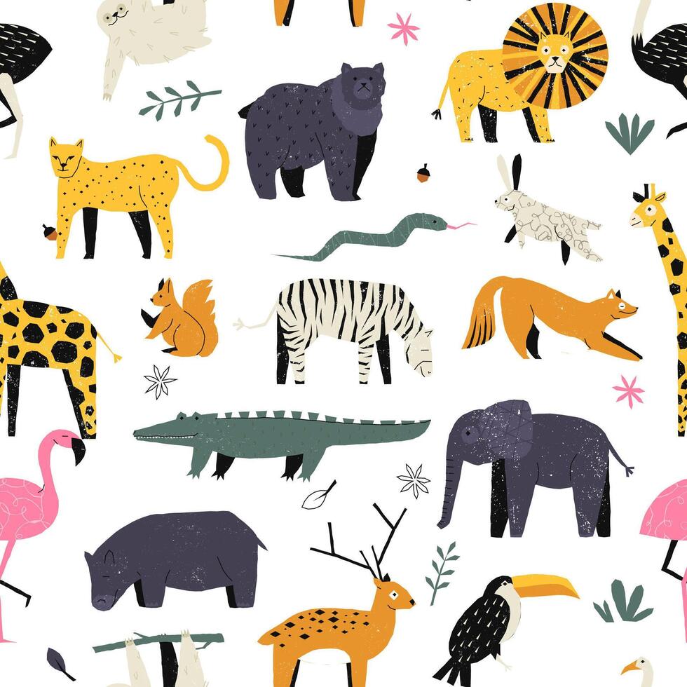 kindisch Tiere Muster. nahtlos drucken mit süß Karikatur Safari Tiere, bunt Hintergrund zum Kinder Verpackung Papier Textil- Design. Vektor Textur