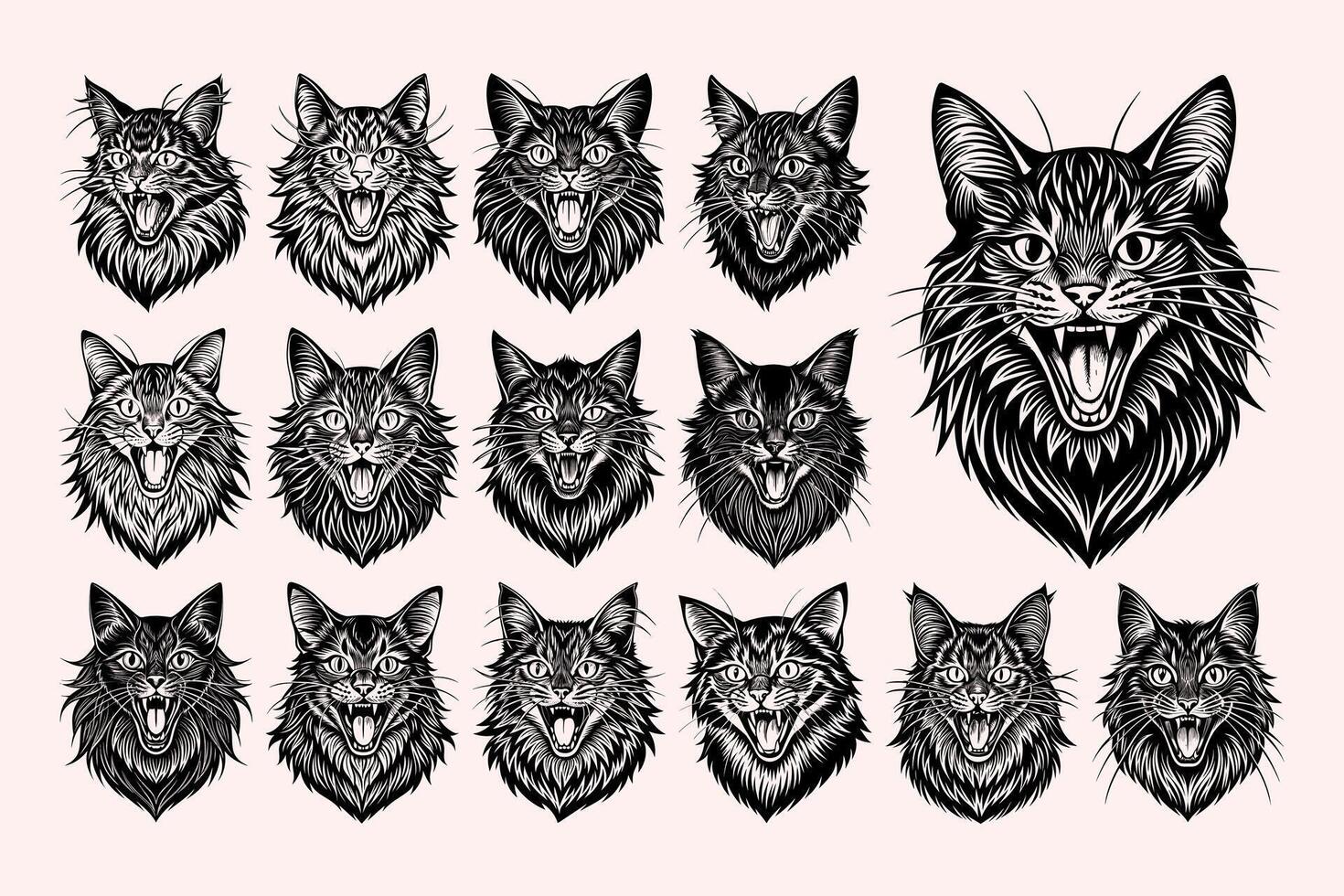 ai genererad samling av roligt jama maine Coon katt huvud tshirt design vektor