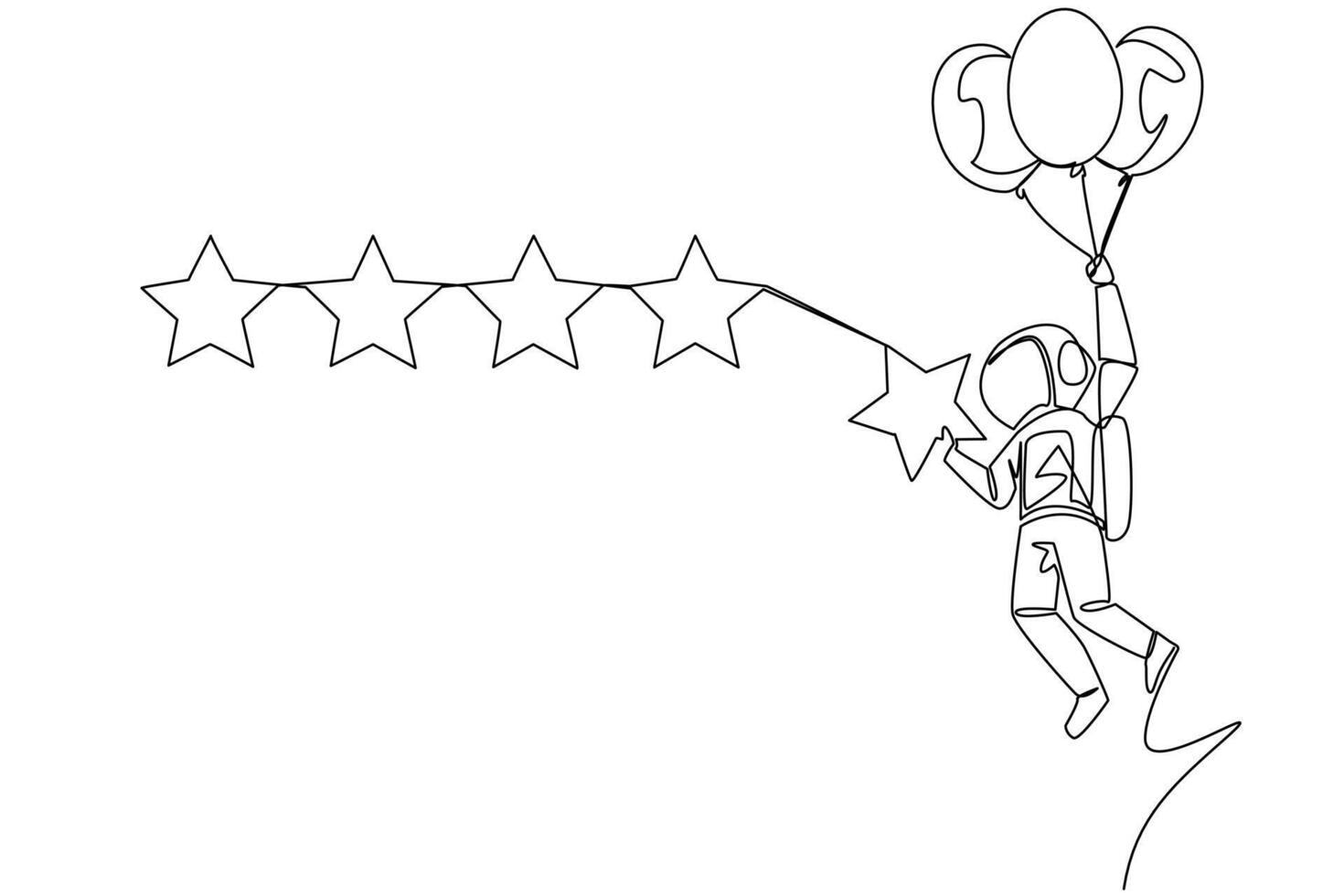 enda ett linje teckning ung astronaut flygande med ballong bära 1 stjärna och vilja till justera den med de Övrig 4 stjärnor. påfrestande till ge perfekt betyg. kosmisk. kontinuerlig linje design grafisk illustration vektor