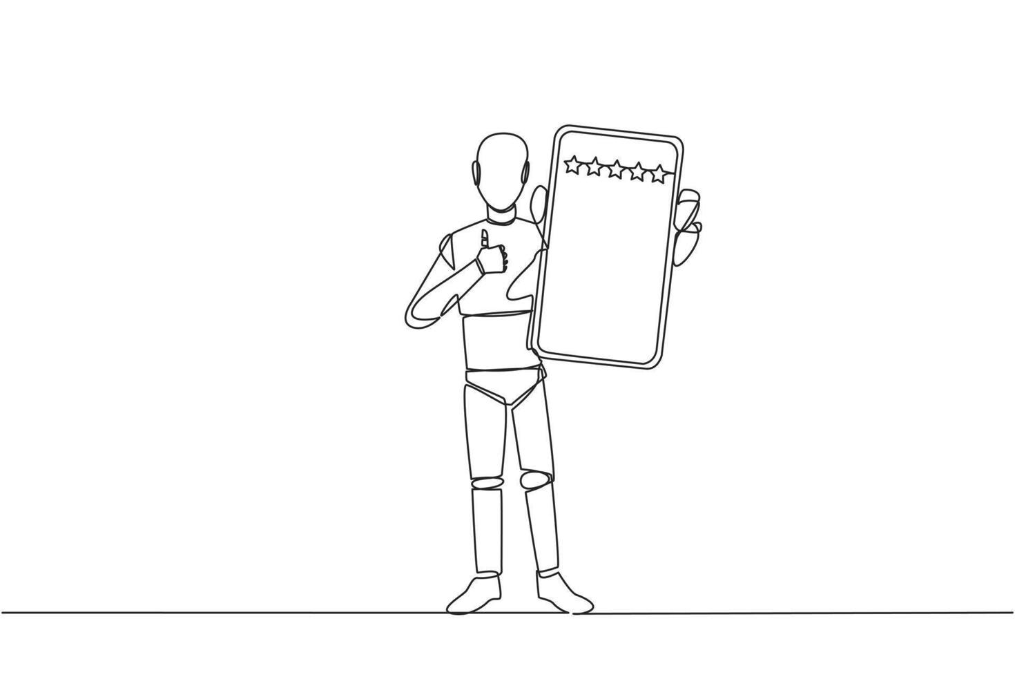 Single kontinuierlich Linie Zeichnung Roboter Stehen halten Smartphone zeigen Bildschirm zu das Vorderseite. geben Bewertung von 5 Sterne zu online Verkäufer. zufrieden Kunde. Zukunft Technologie. einer Linie Design Vektor