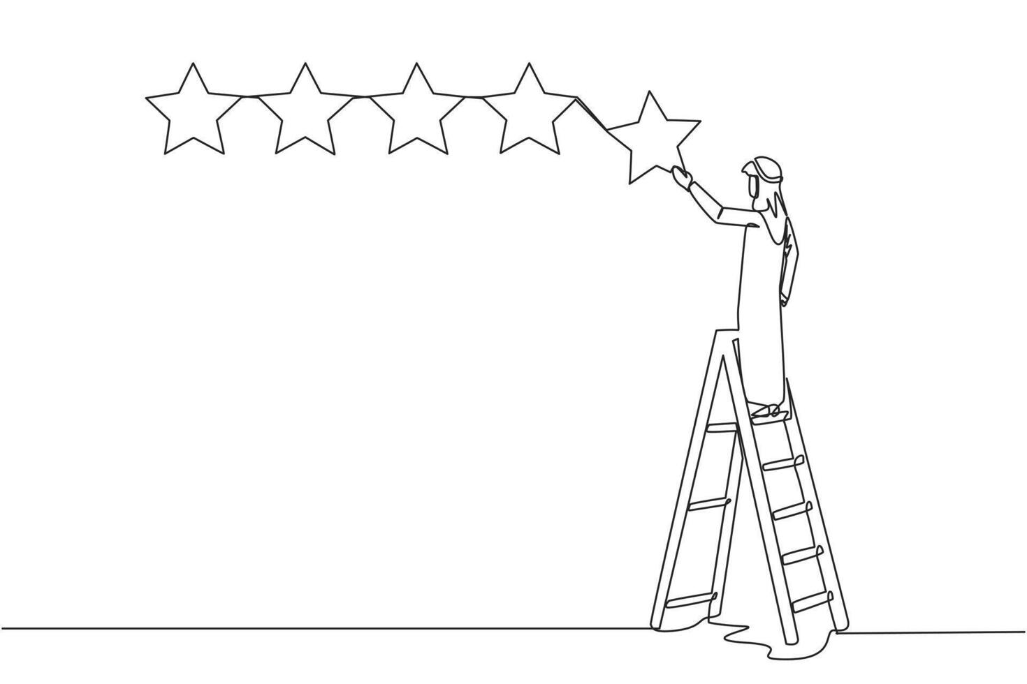 Single kontinuierlich Linie Zeichnung jung energisch arabisch Mann klettert ein Leiter Tragen 1 Stern, Herstellung es 5 Sterne im ein Reihe. geben sehr gut Empfehlung zu das Verkäufer. einer Linie Design Vektor Illustration