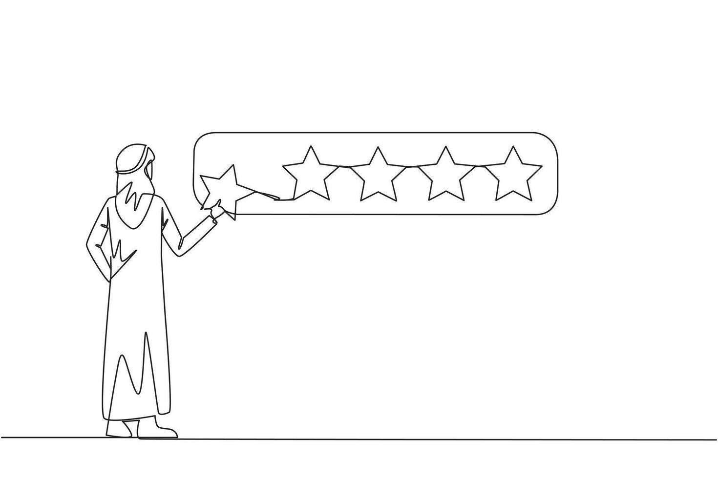 kontinuierlich einer Linie Zeichnung arabisch Mann Stehen halten 1 Star und wollen zu machen es 5 Star Reihe. zufrieden Kunden und geben perfekt Bewertung. Star Bewertung. Single Linie zeichnen Design Vektor Illustration