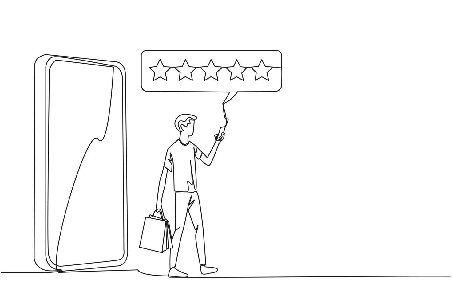 Single einer Linie Zeichnung Mann kommt aus von Riese Smartphone Tragen ein Einkaufen Tasche, das andere Hand Tippen Smartphone. online Einkaufen Konzept. E-Commerce. kontinuierlich Linie Design Grafik Illustration vektor