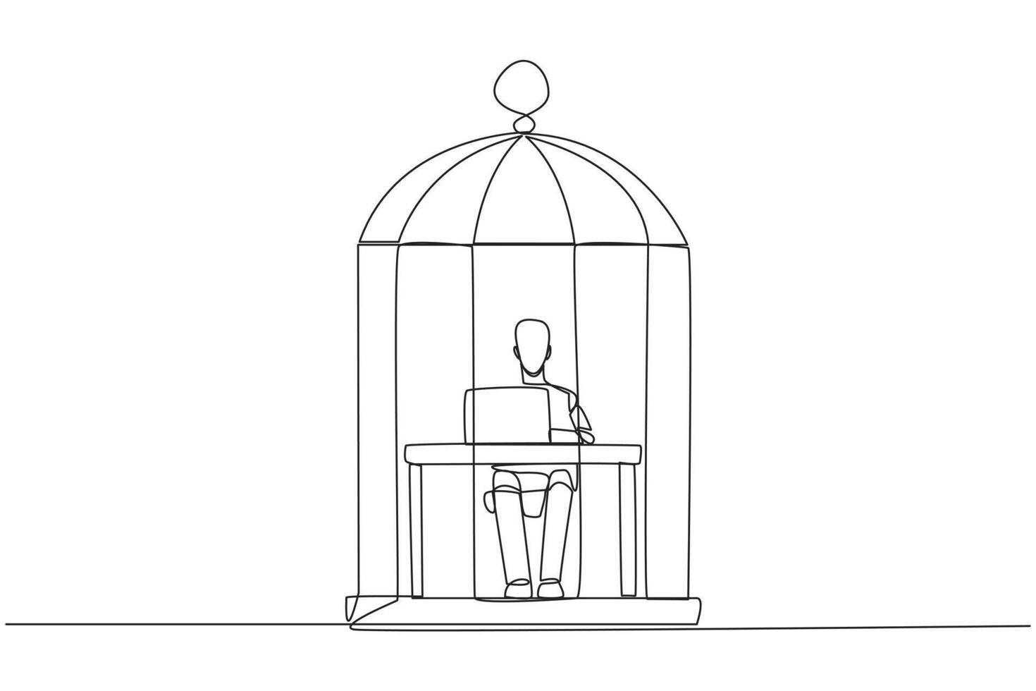 kontinuerlig ett linje teckning robot instängd i de bur Sammanträde och skriver på bärbar dator dator. tröttsam rutin. olycklig robot med de många deadline. ai tech. enda linje dra design vektor illustration