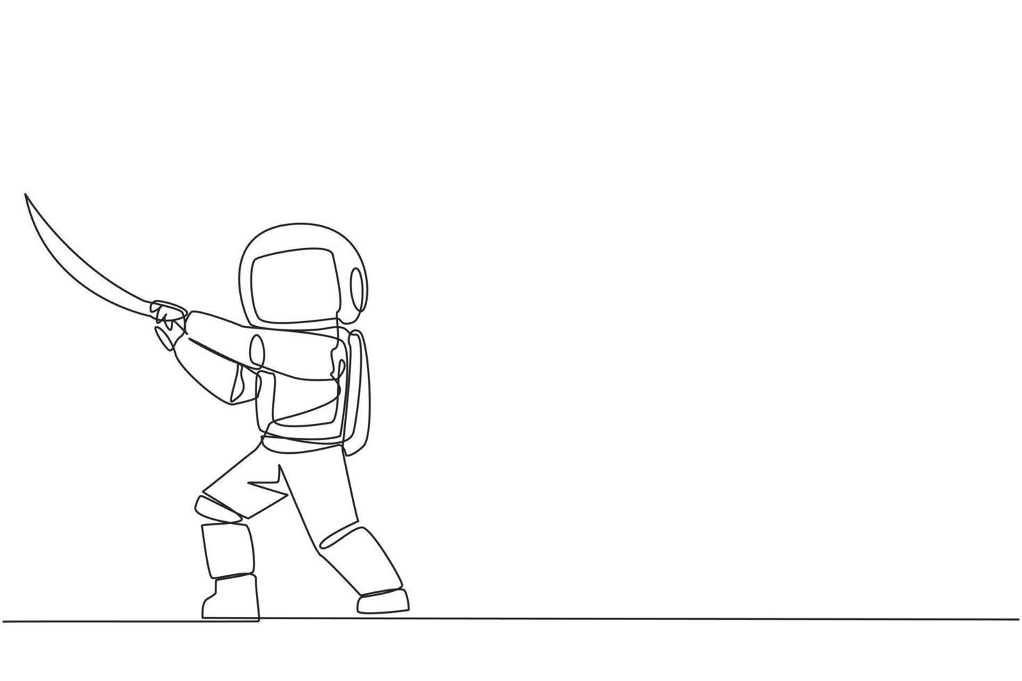 enda kontinuerlig linje teckning astronaut innehav samuraj. stiliserade tycka om samuraj idrottare bevakning företag. beredd till eliminera störa företag tillväxt. rymdman. ett linje design vektor illustration