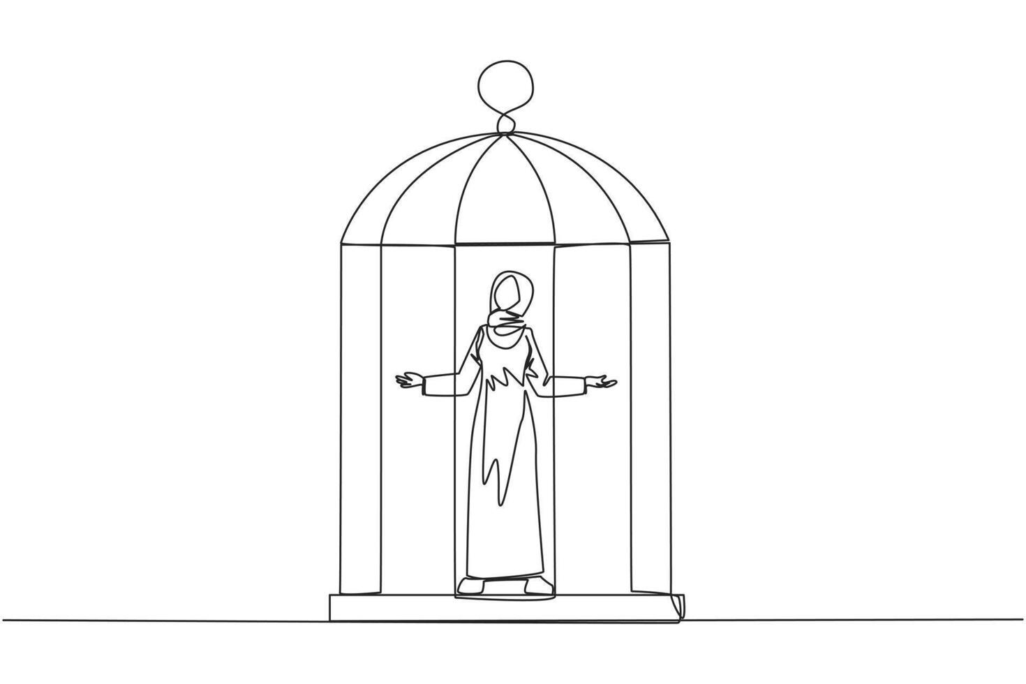 enda kontinuerlig linje teckning arab affärskvinna instängd i bur stående med öppen vapen. överlämna till situation. tvingade till stanna kvar i bur. företag är inte växande. ett linje design vektor illustration