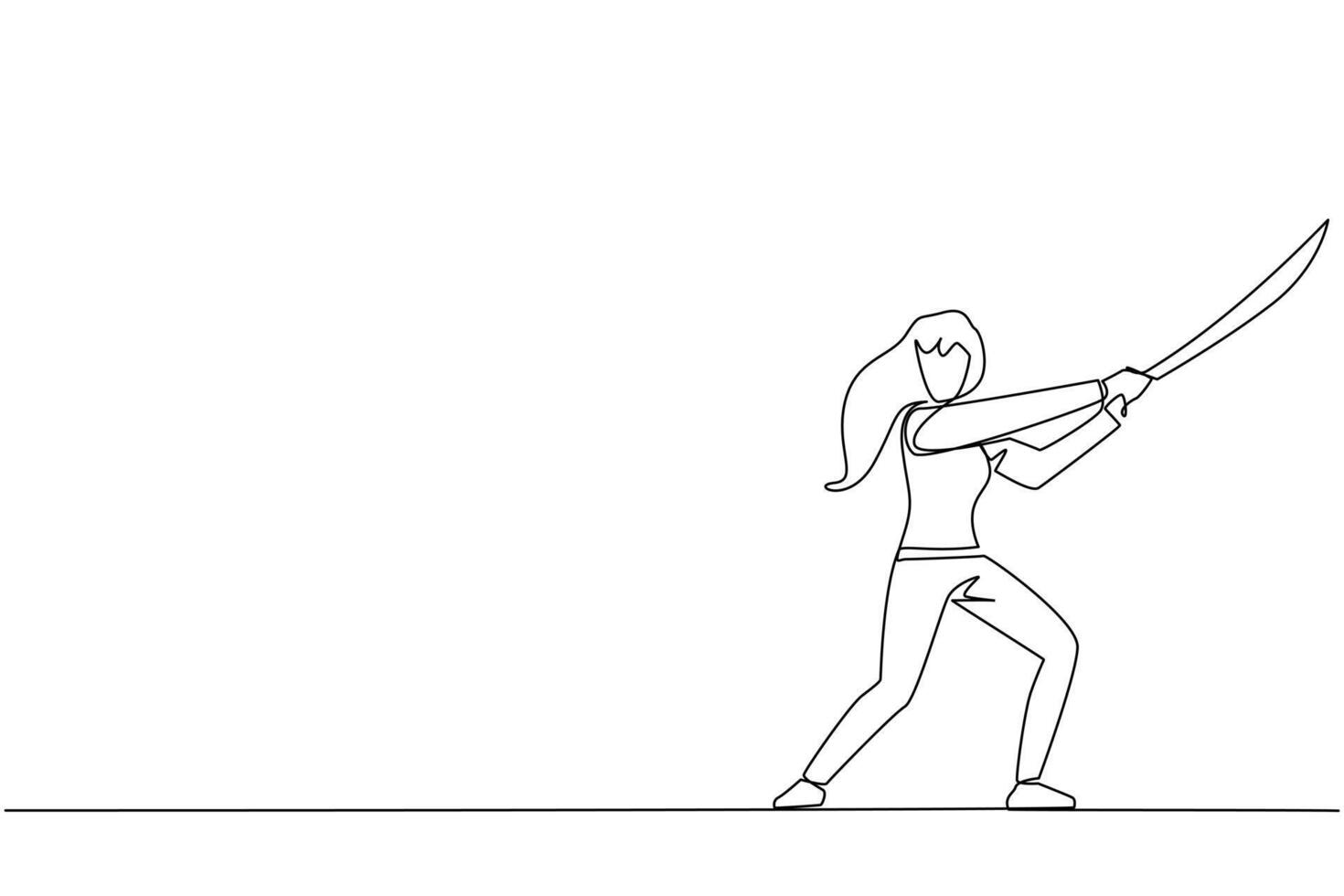 enda kontinuerlig linje teckning affärskvinna innehav samuraj. stiliserade tycka om samuraj idrottare bevakning de företag. beredd till eliminera störa företag tillväxt. ett linje design vektor illustration