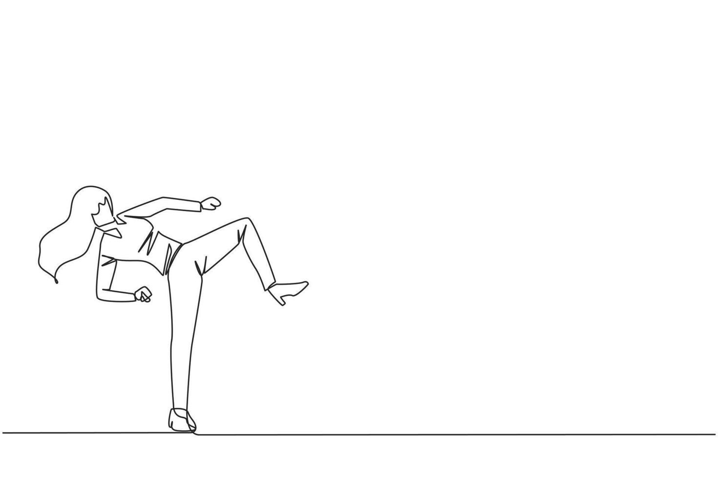 kontinuierlich einer Linie Zeichnung Geschäftsfrau tun Taekwondo Bewegungen. treten Bewegung. stark Beine. behalten Geschäft mit Sport. behalten gesund bleibe stark. Single Linie zeichnen Design Vektor Illustration