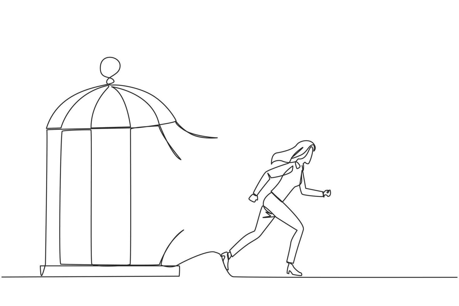 enda kontinuerlig linje teckning ung affärskvinna instängd i de bur löpning genom de bur. liknelse tränger igenom de maximal begränsa av själv. önskan till lyckas. ett linje design vektor illustration