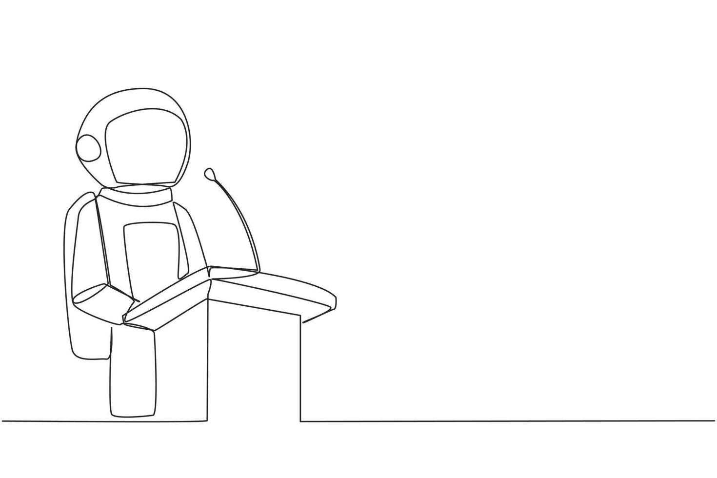 enda kontinuerlig linje teckning ung Lycklig astronaut tala på podium. meddelat mycket förbättrad företag balans ark. en roligt Tal för Allt partier. orator. ett linje design vektor illustration