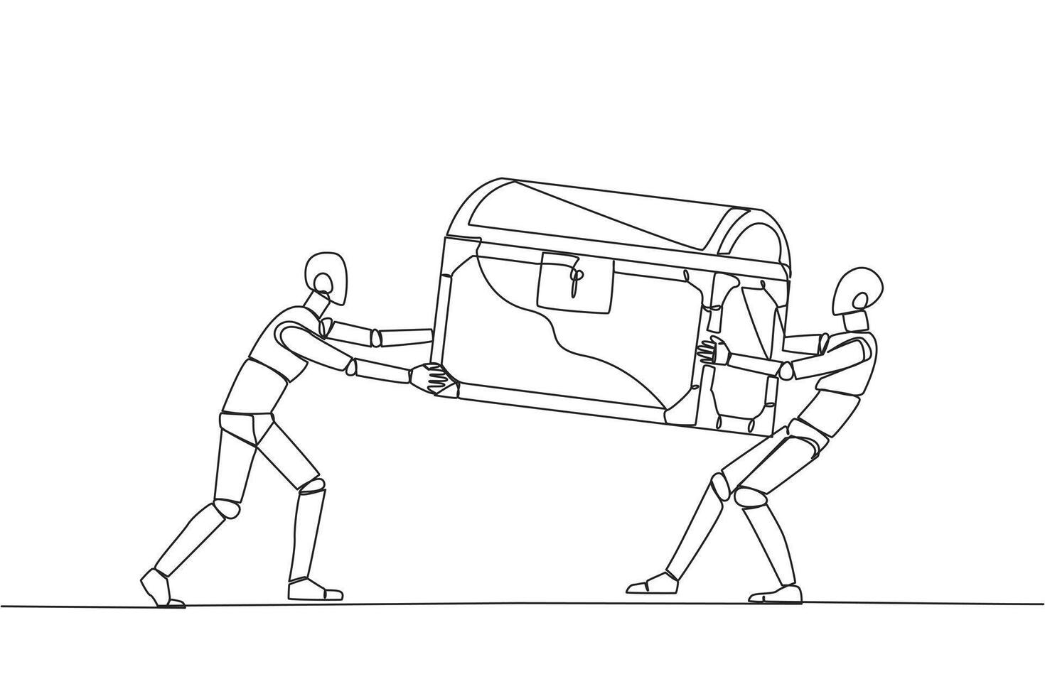 Single kontinuierlich Linie Zeichnung zwei egoistisch Roboter Kampf Über das Schatz Brust. Gefühl die meisten berechtigt zu das Entdeckung von Schatz. Rivalität und Wettbewerb. Technik. einer Linie Design Vektor Illustration