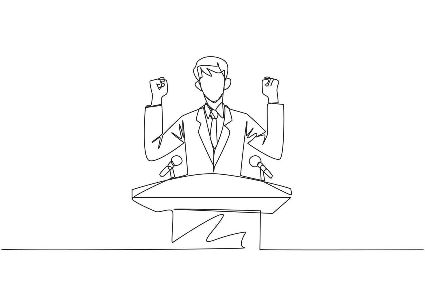 Single einer Linie Zeichnung jung energisch Geschäftsmann Sprechen beim das Podium während erziehen und Zusammenpressen beide Hände. gestylt mögen ein Politiker suchen Stimmen. kontinuierlich Linie Design Grafik Illustration vektor
