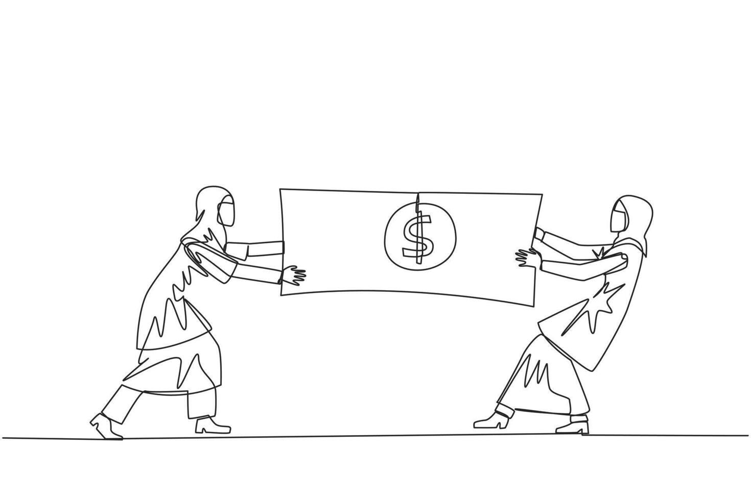 enda ett linje teckning två arab affärskvinna stridande över sedlar. bekämpa över de huvudstad försedd förbi de regering till vald företagare. kontinuerlig linje design grafisk illustration vektor