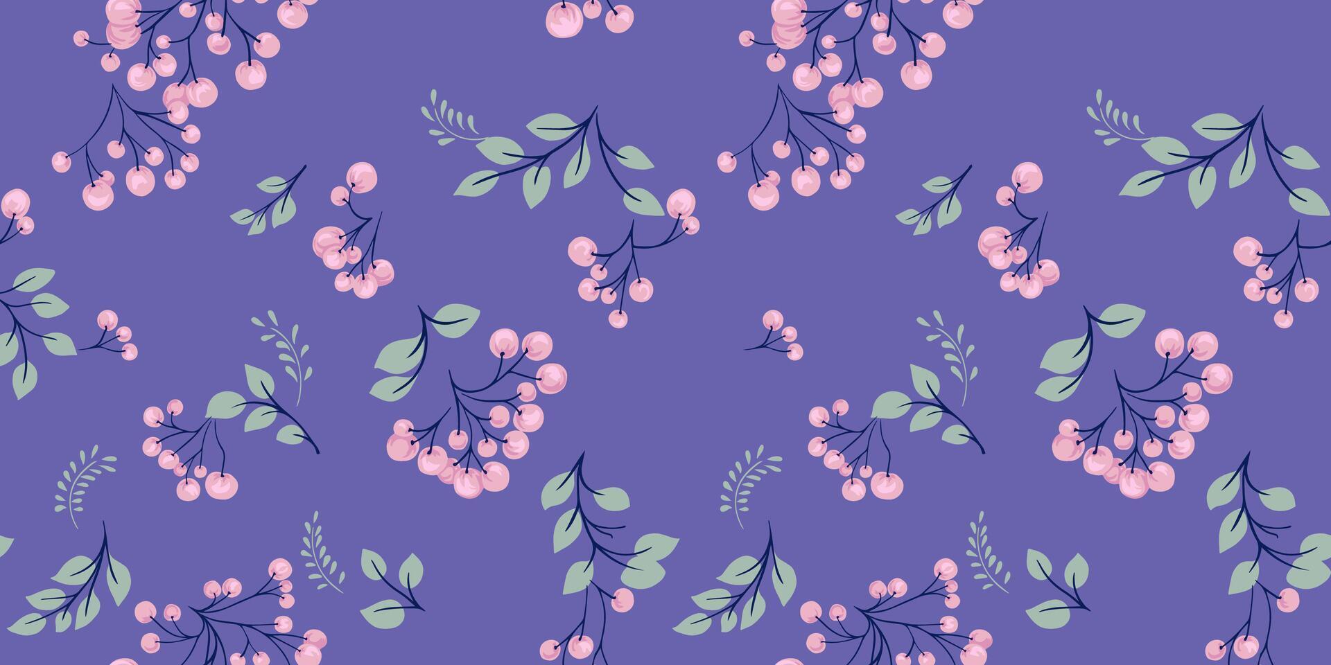 abstrakt grenar av bär med löv spridd slumpvis i en sömlös violett mönster. vektor dragen hand. stiliserade enbär, buxbom, Viburnum, berberis utskrift. mall för mönster