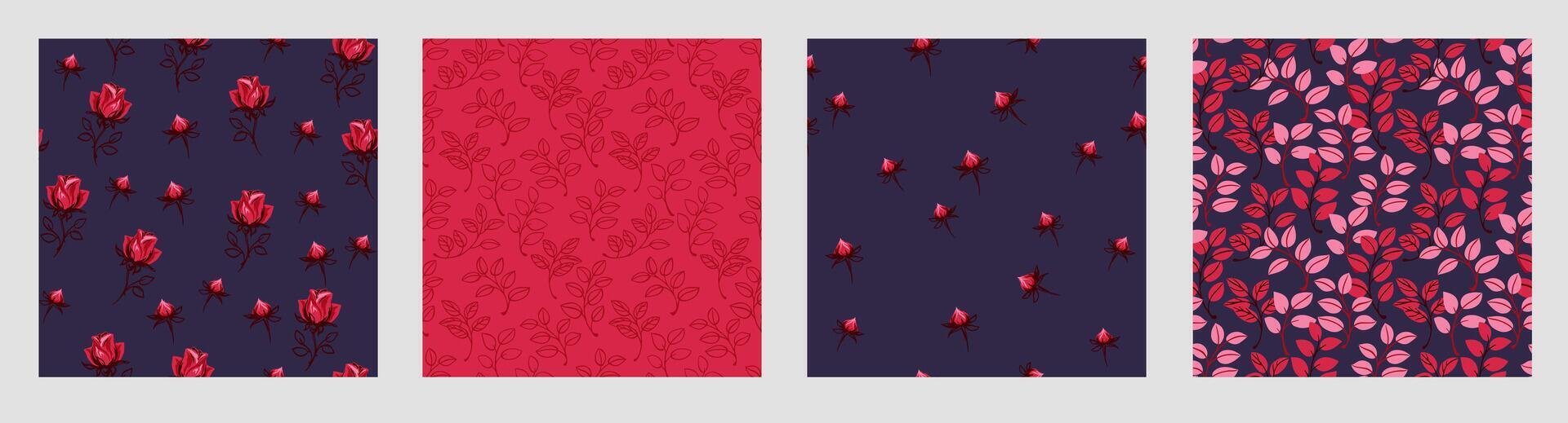 hell Collage von einstellen nahtlos Muster mit abstrakt kreativ süß Blumen Rosen, Rosenknospe, winzig Knospen, Formen Blätter. Vektor Hand gezeichnet skizzieren. Vorlagen zum Design, Stoff, Drucken