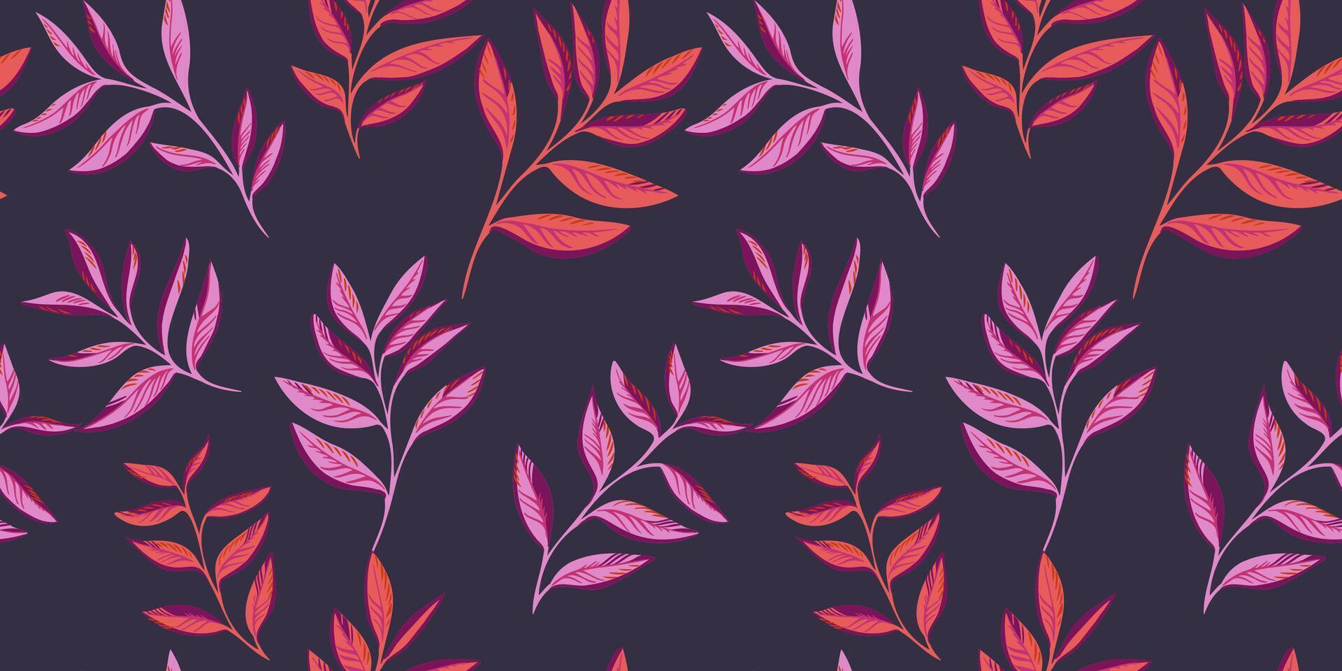 de minimalistisk enkel löv grenar mönster är spridd slumpvis. ljus abstrakt, stiliserade blad stjälkar utskrift på en mörk svart bakgrund. vektor hand ritade. mall för design, textil, skriva ut