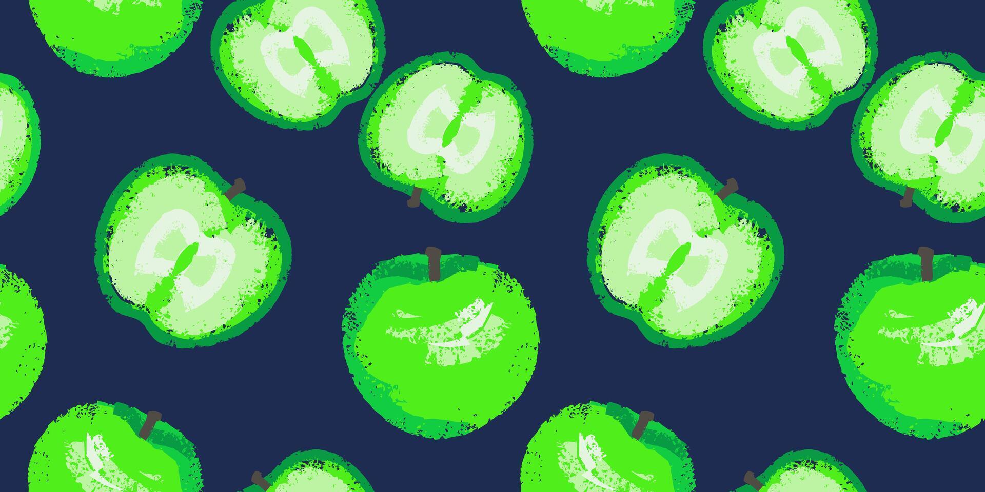 abstrakt stiliserade frukt äpplen och äpple skivor sömlös mönster. vektor hand dragen skiss texturerad äpple mönstrad. grön former äpple utskrift på en mörk blå bakgrund. mall för design